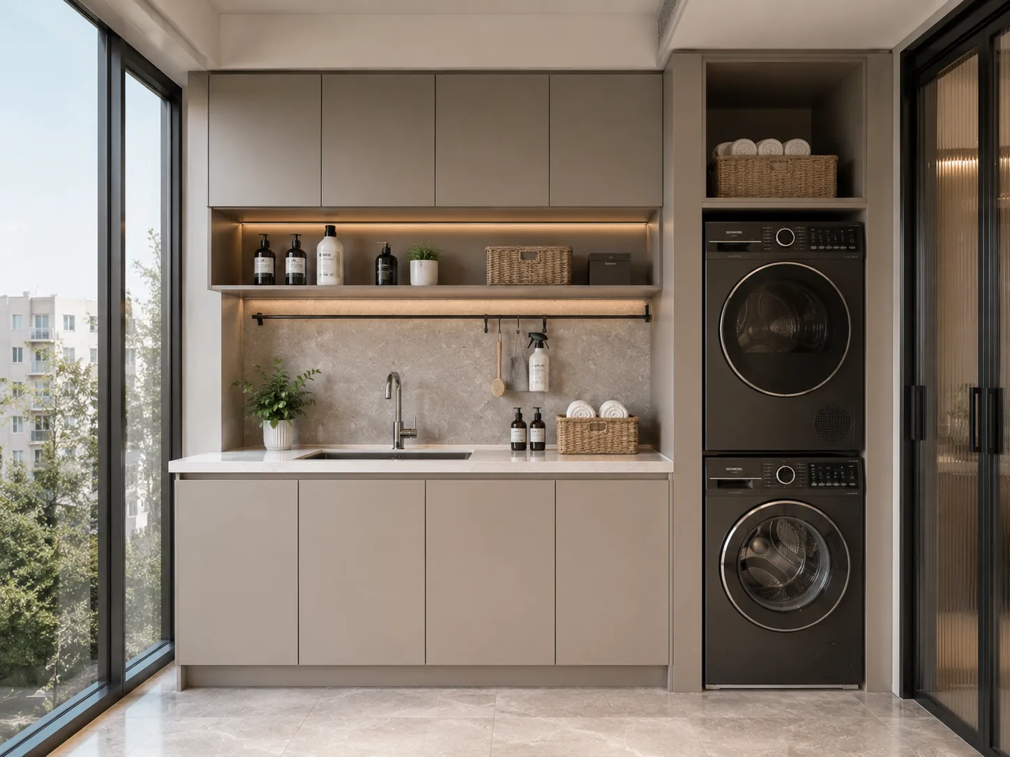 Balcony laundry cabinet for apartment utility area