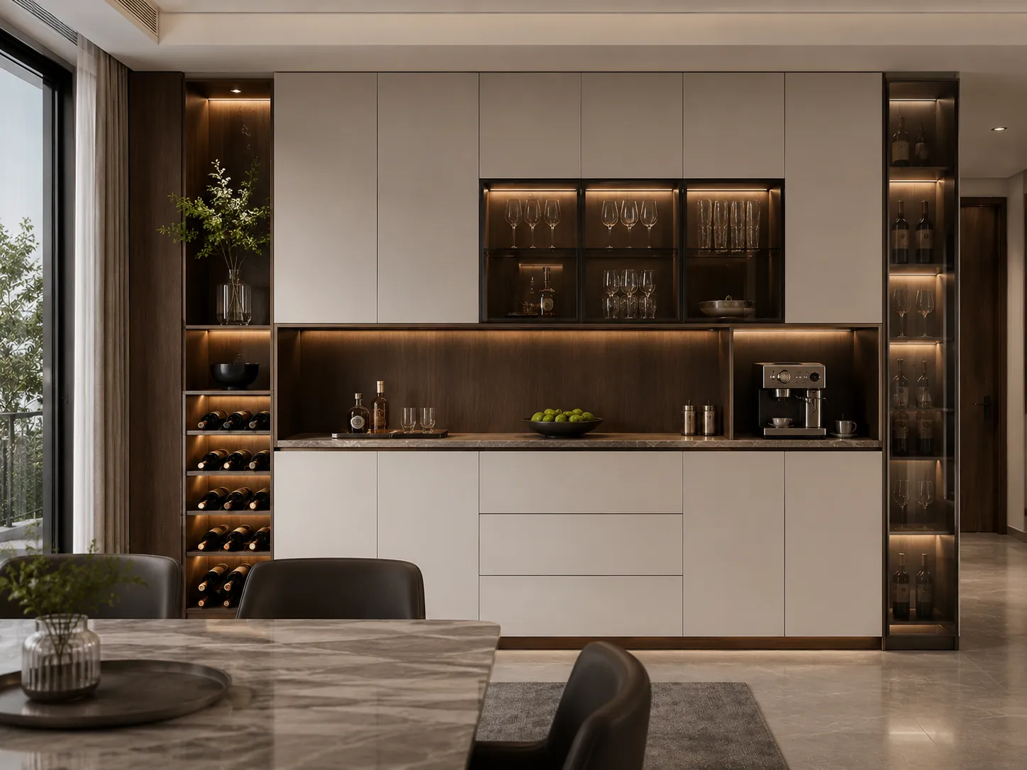 Custom sideboard cabinet for dining room and open kitchen storage