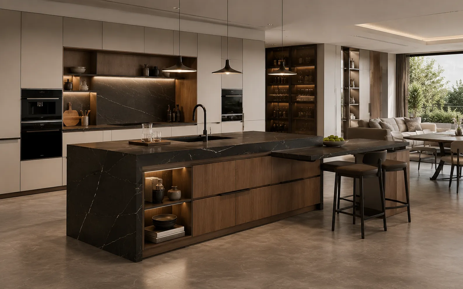 Custom island table for open kitchen with storage and dining function