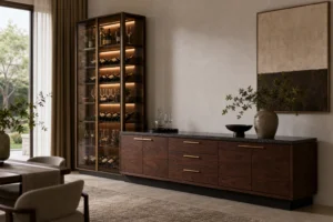 Sideboard-Schrank aus dunklem Walnussholz mit Weinturm aus Rauchglas image 1