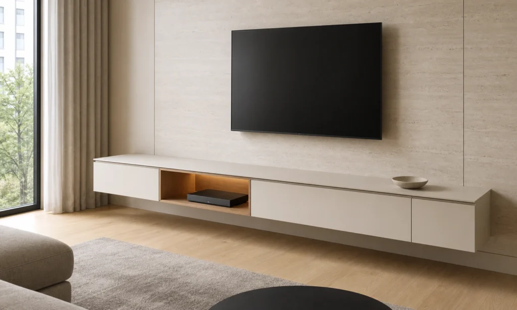 Floating TV Stand with Warm Oak Storage image 1