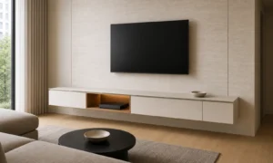 Floating TV Stand with Warm Oak Storage image 1