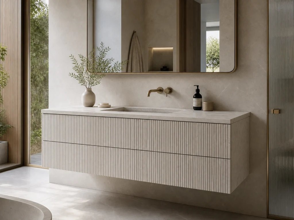 Fluted Stone Floating Bathroom Vanity with Drawer Storage image 1