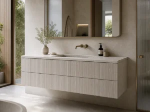 Fluted Stone Floating Bathroom Vanity with Drawer Storage image 1