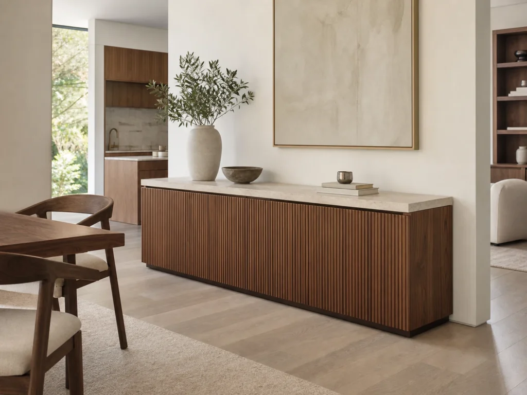 Fluted Walnut Sideboard Cabinet with Stone Top
