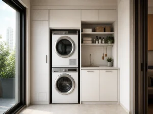 Matte White Laundry Cabinet with Stacked Washer Tower image 1