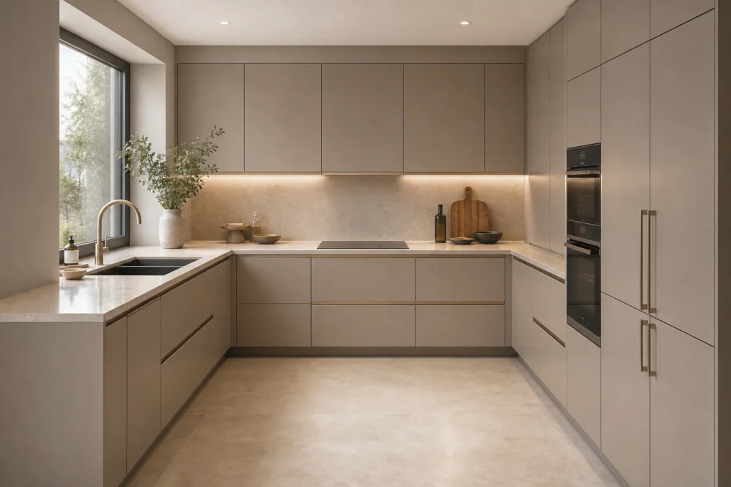 Modern Greige U-Shaped Kitchen Cabinets for Tailored Homes image 1