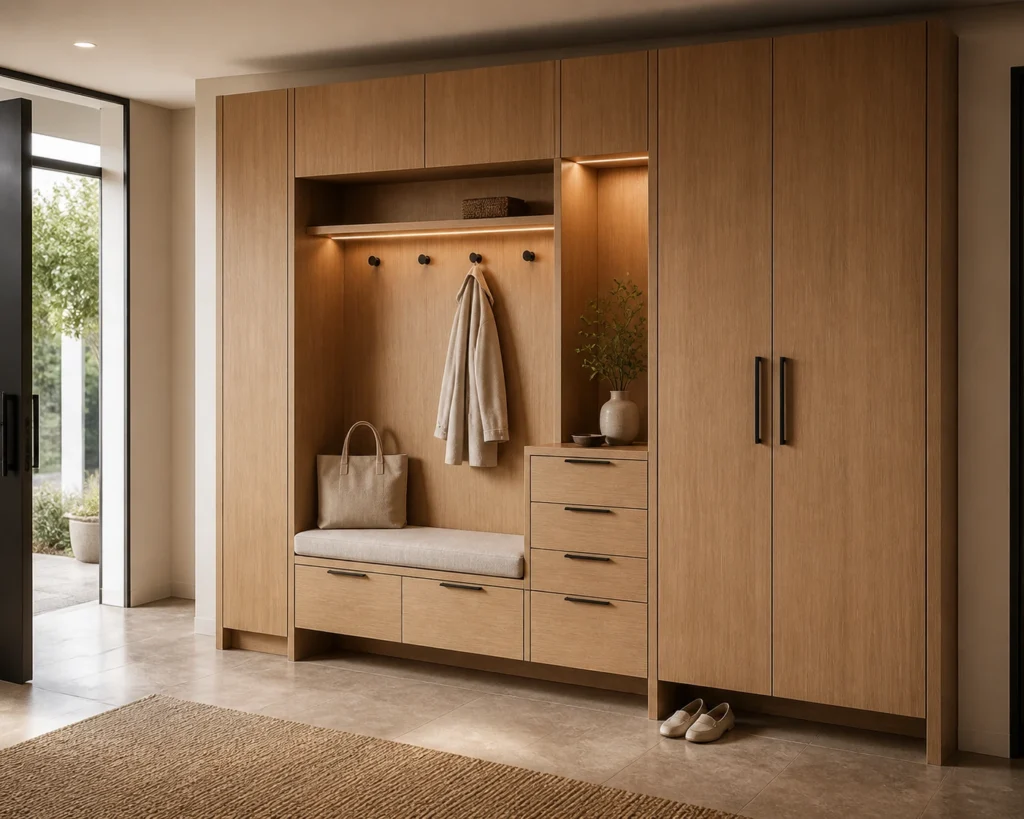 Modern Oak Entryway Cabinet with Bench and Coat Storage image 1