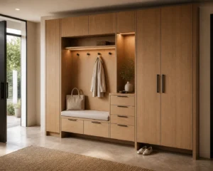 Modern Oak Entryway Cabinet with Bench and Coat Storage image 1