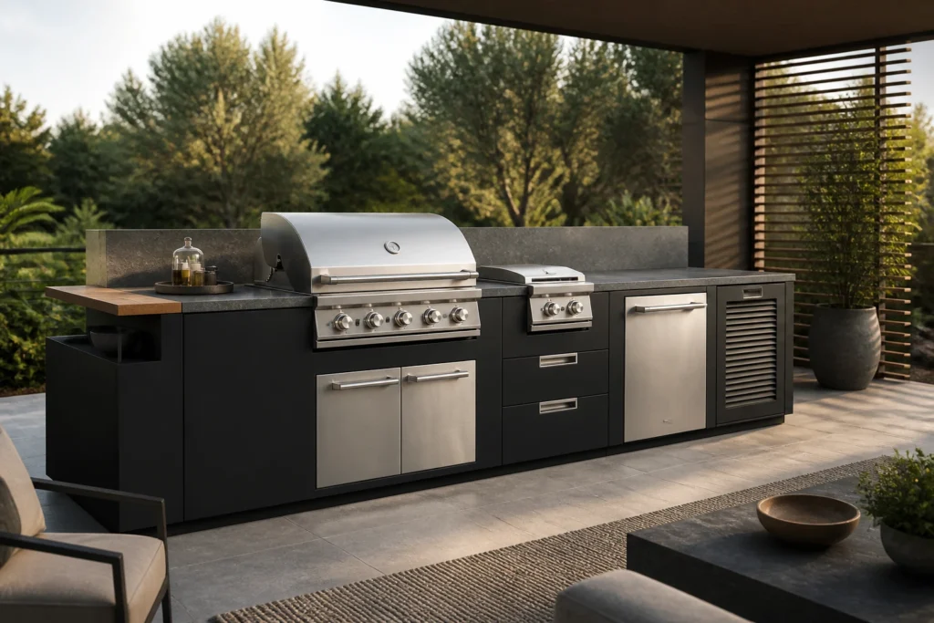 Stainless Steel Outdoor BBQ Cabinet with Dark Fronts