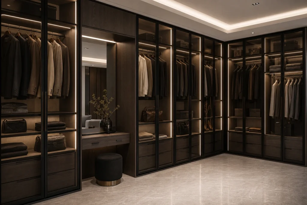 Walk-In Closet with Glass Doors and LED Display Storage