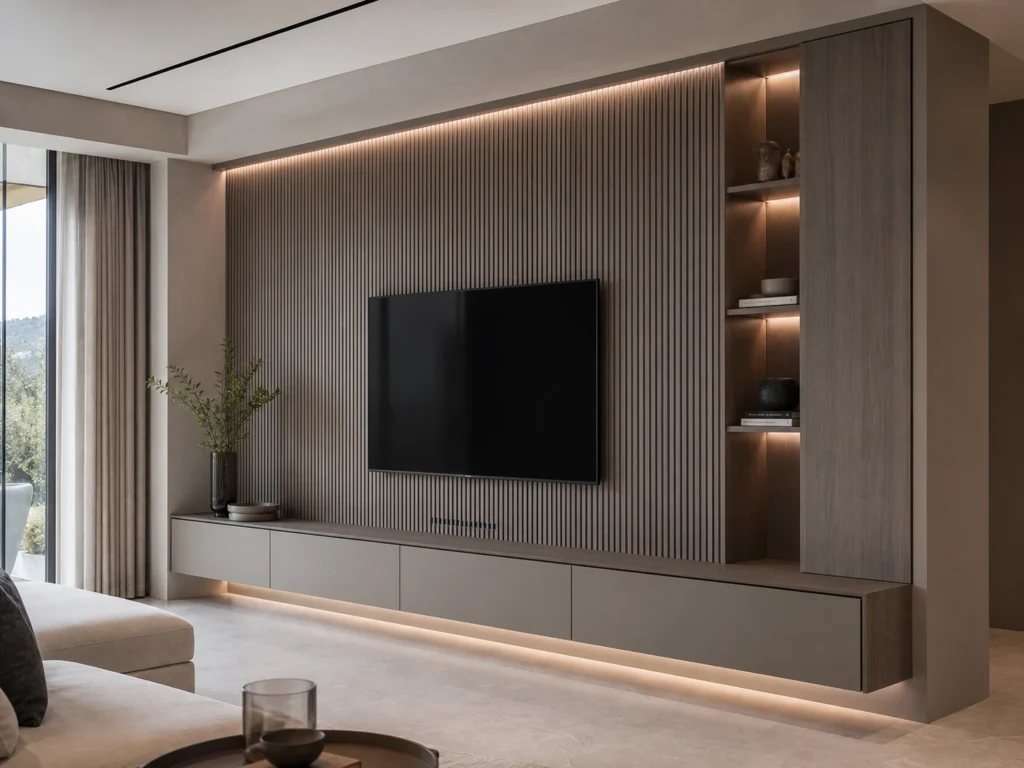 Walnut Slatted TV Wall Cabinet with Floating Storage image 1