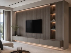 Walnut Slatted TV Wall Cabinet with Floating Storage image 1