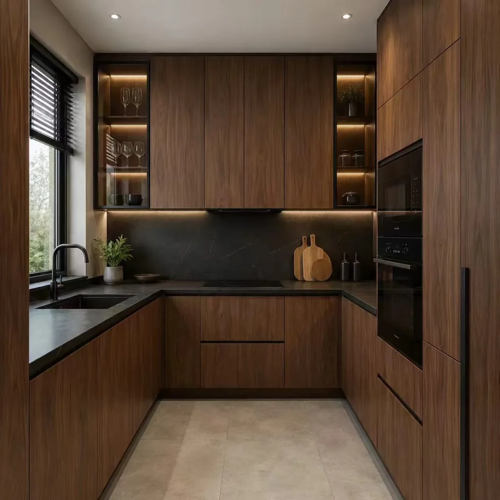 Custom Walnut Wood Kitchen Cabinets