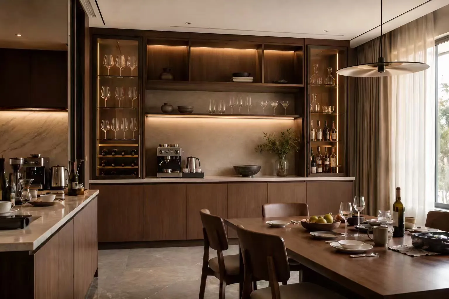After custom built-in sideboard cabinet wall with hidden storage glass display LED lighting serving countertop coffee area and wine organization