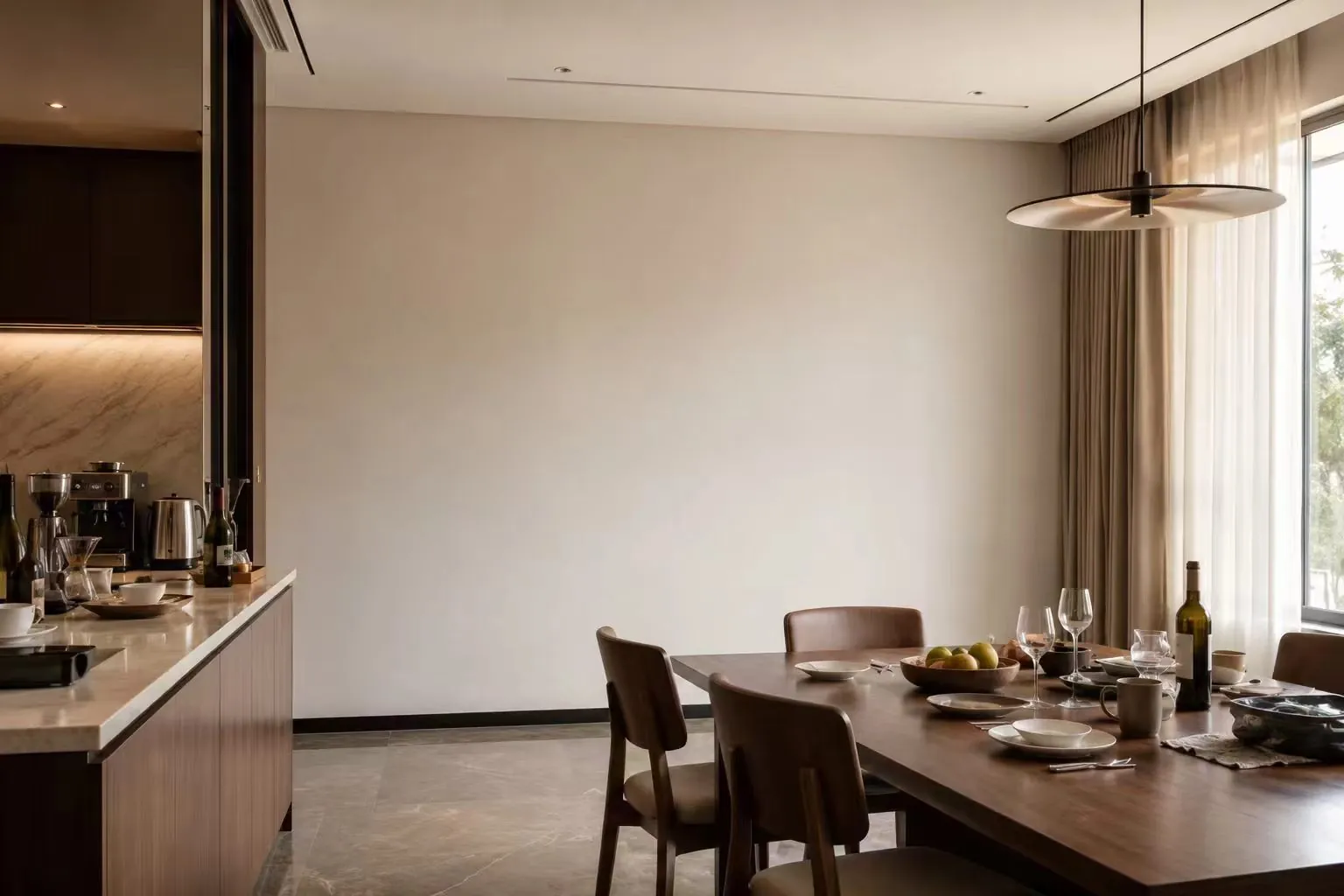 Before blank dining wall with scattered tableware wine bottles coffee tools and small appliances before custom sideboard cabinet installation