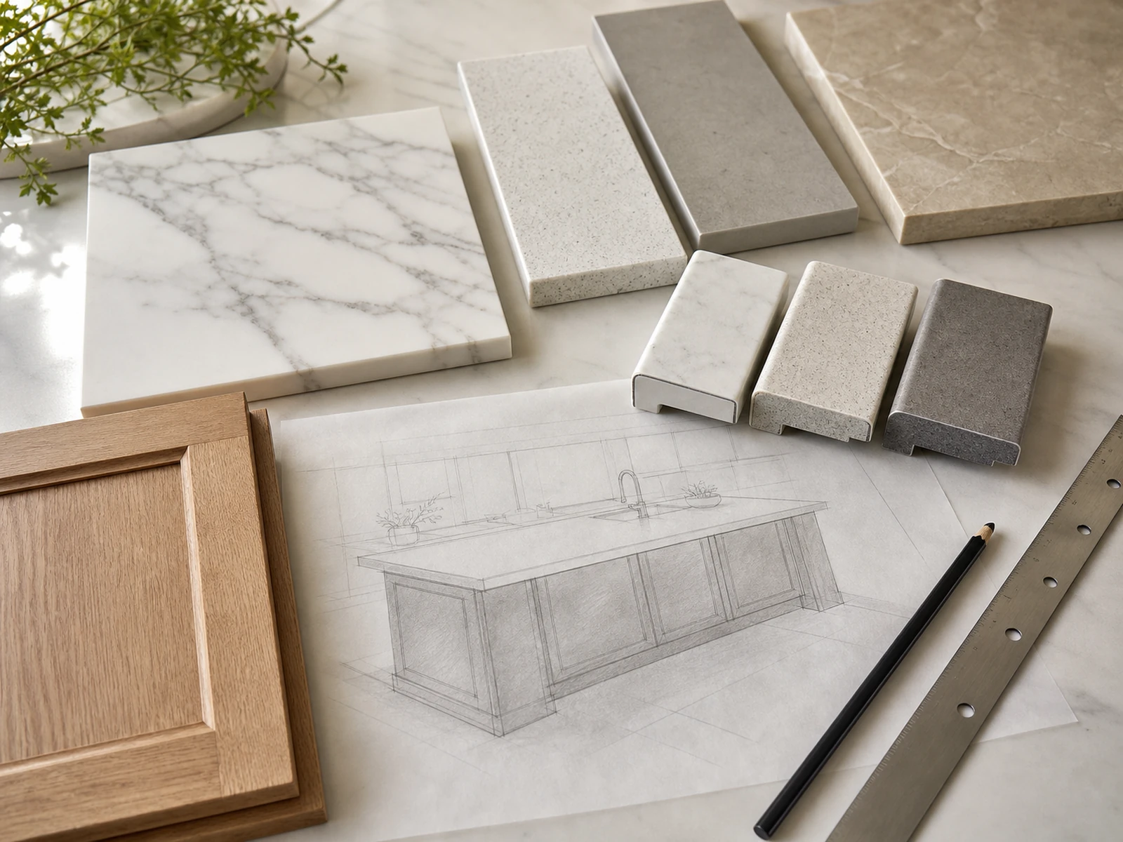 Arbeitsplattenmaterialproben und Stein-Kantenprofile, überprüft mit einer Kücheninsel-Zeichnung.