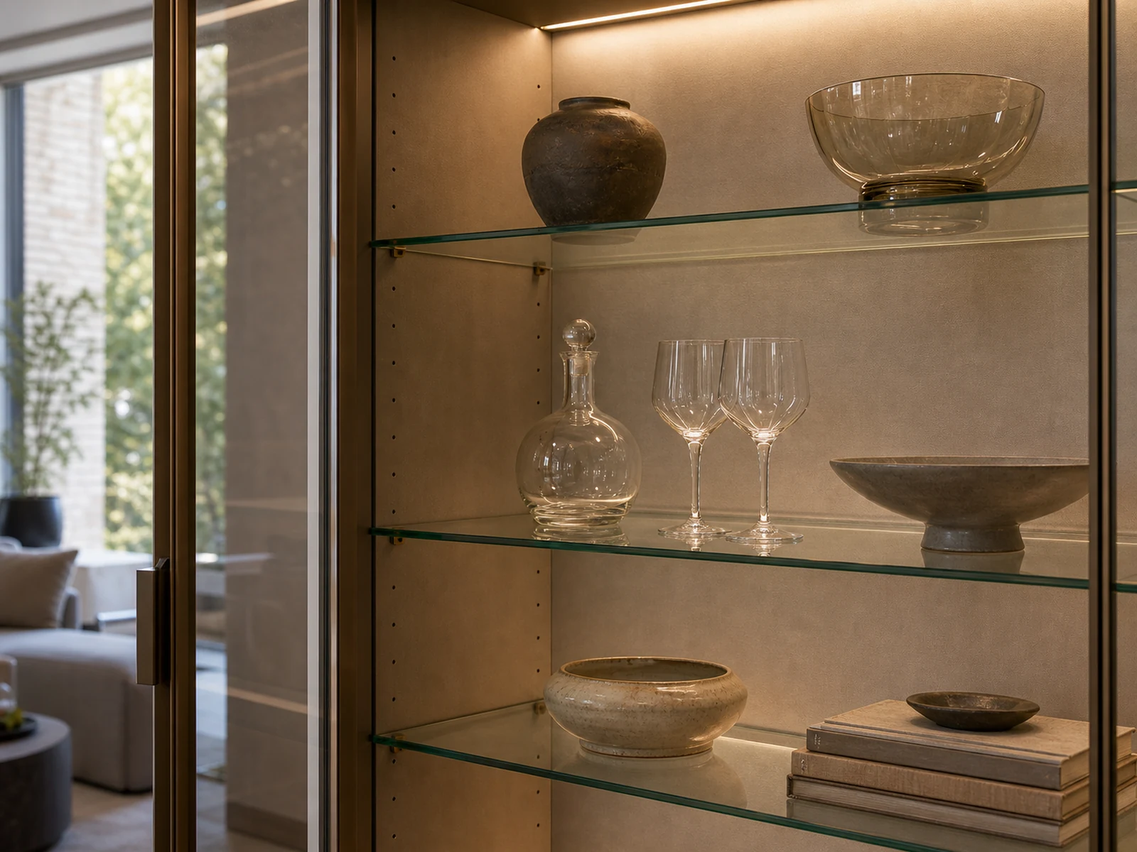十分な間隔と掃除のしやすさを備えた、整理されたガラス製ショーケースの棚。