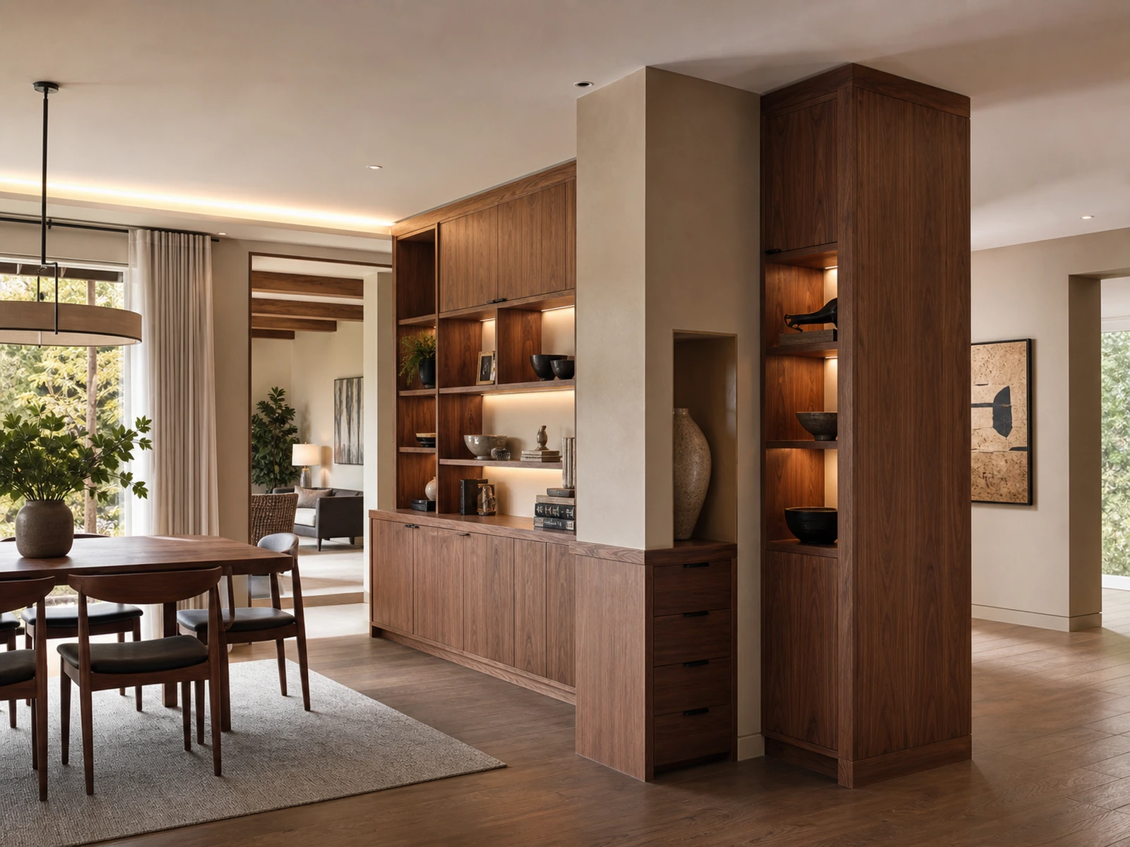 Custom cabinetry wrapping a structural column in a warm modern dining area.