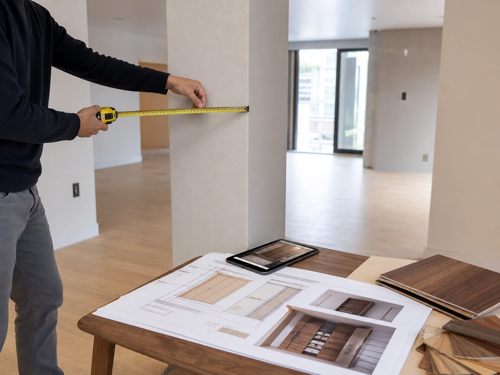 Designer measuring a structural column with cabinet drawings and walnut samples nearby.
