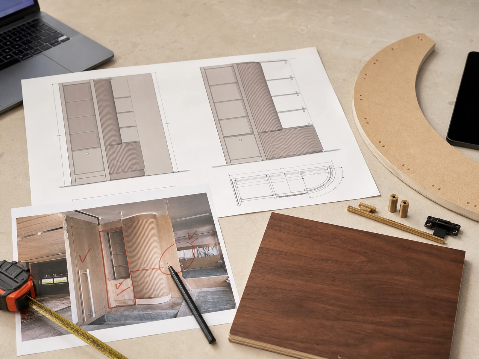 Column wrap cabinet drawings with a curved template, walnut sample, hardware, and measuring tools.