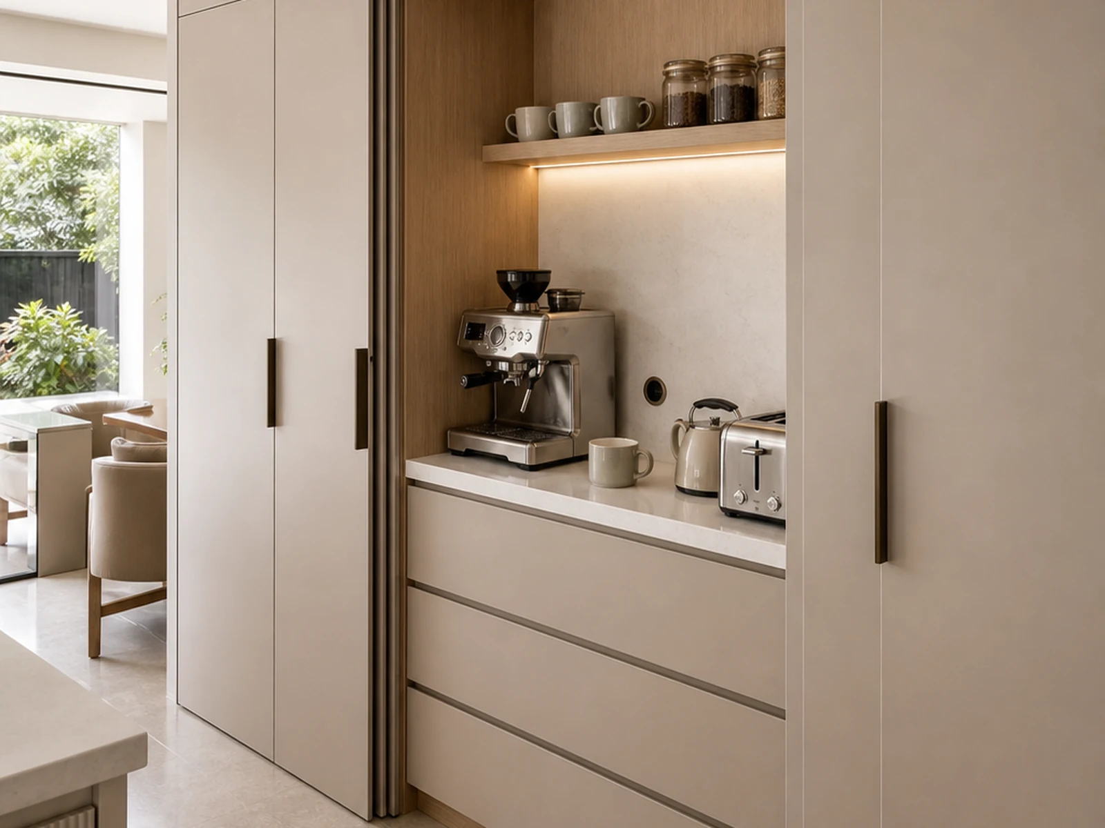 Open kitchen with a concealed appliance station and a clear countertop.