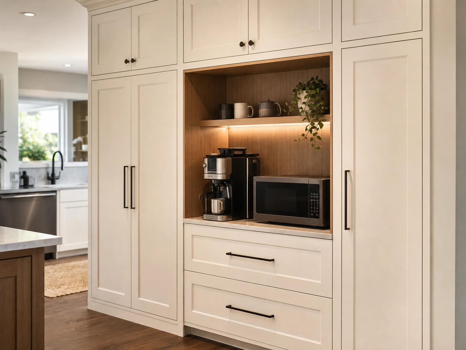 Pocket door breakfast station cabinet with coffee machine, toaster, cups and interior lighting.