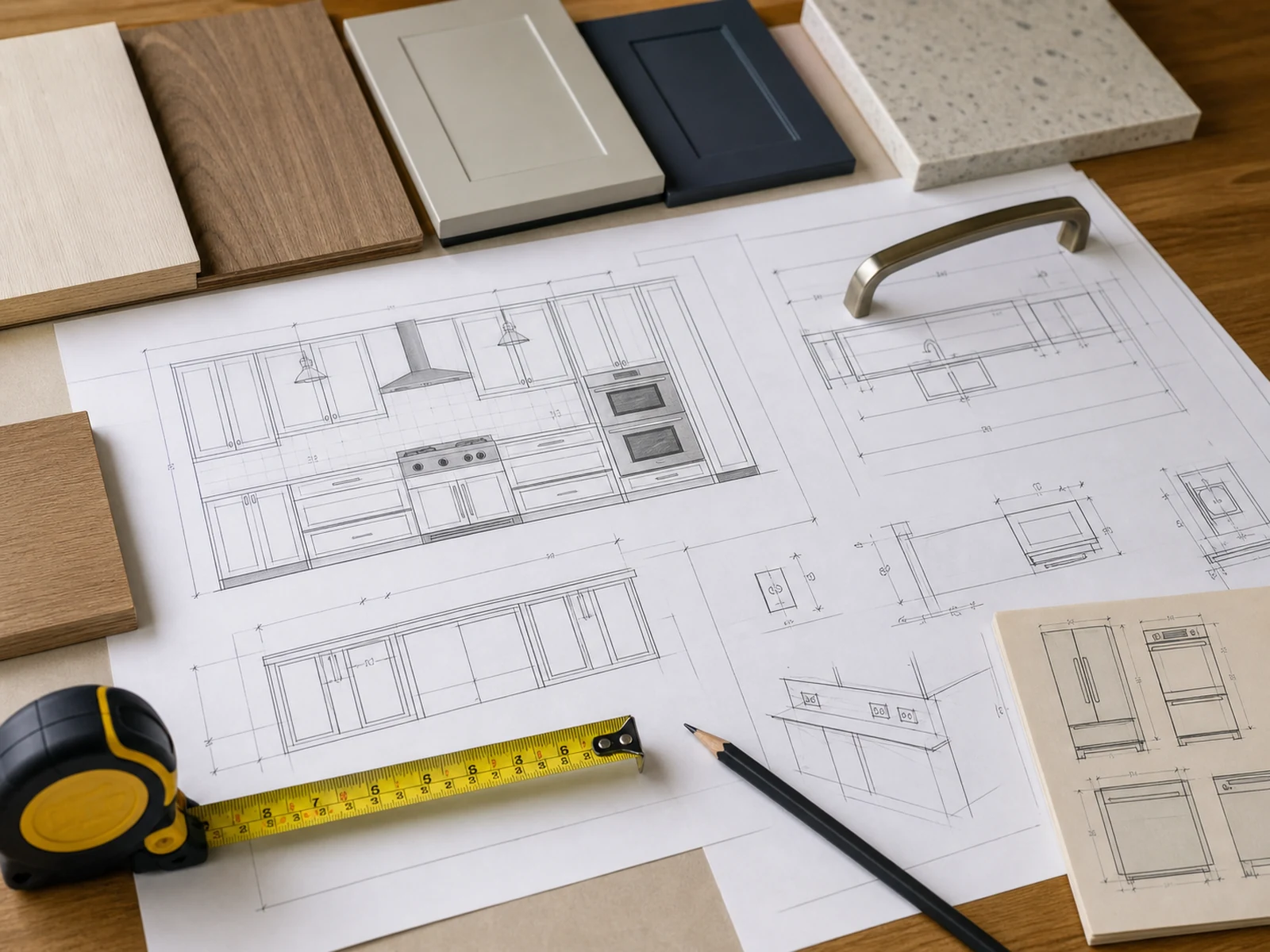 Kitchen cabinet elevation drawings with appliance measurements, outlet notes and material samples.