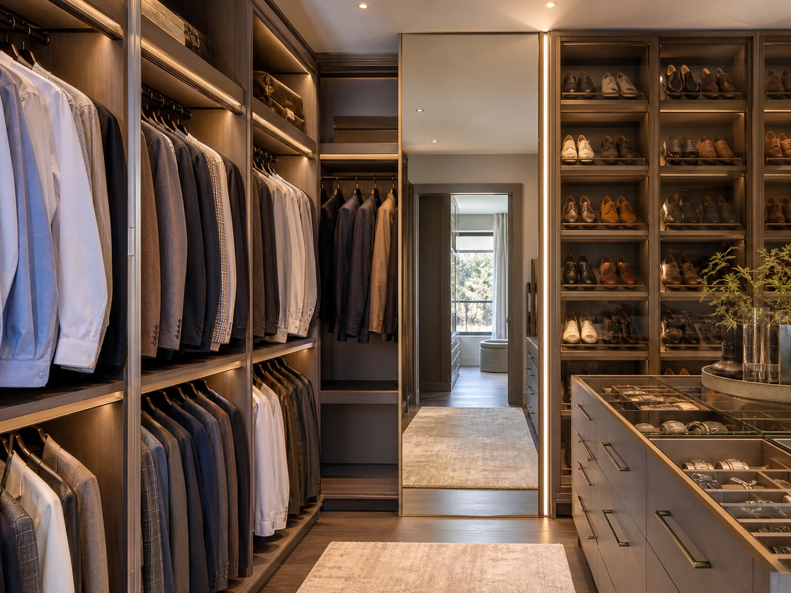 Dressing sur mesure avec zones de penderie, rangement à chaussures, tiroirs à accessoires, éclairage chaleureux et miroir pleine hauteur.