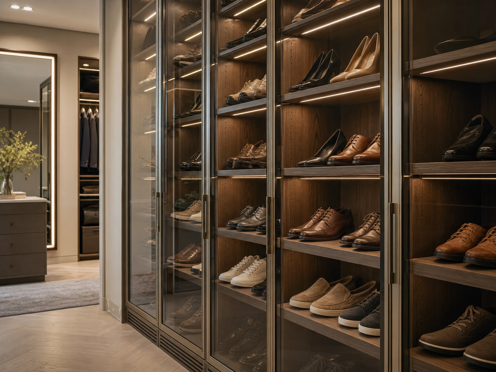 Mur à chaussures avec portes vitrées, étagères réglables et éclairage doux à l'intérieur d'un dressing sur mesure.
