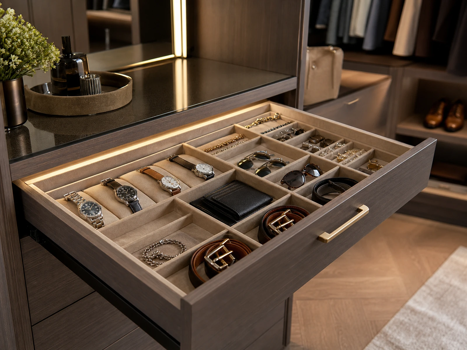 Tiroir à accessoires organisé avec des compartiments divisés pour montres, bijoux, ceintures et lunettes de soleil dans un dressing.