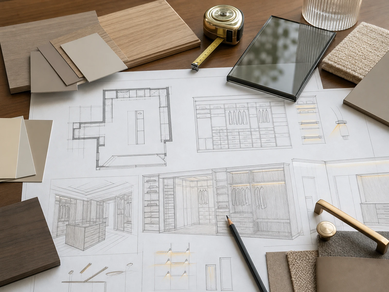 Plans de dressing avec échantillons de matériaux, pastilles de finition en verre et notes d'éclairage sur un bureau de designer.