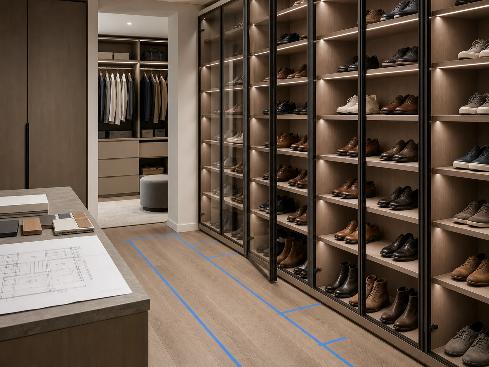 Walk-in closet shoe wall with glass door opening clearance marked beside cabinet drawings.