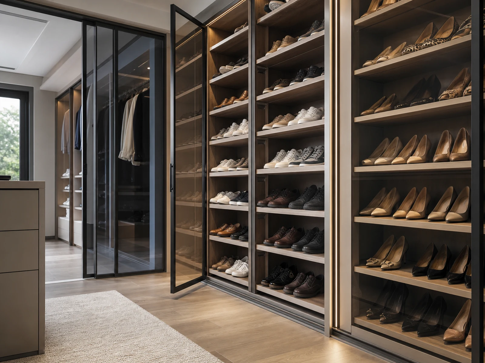 Hinged and sliding glass door clearance in front of adjustable shoe shelves.