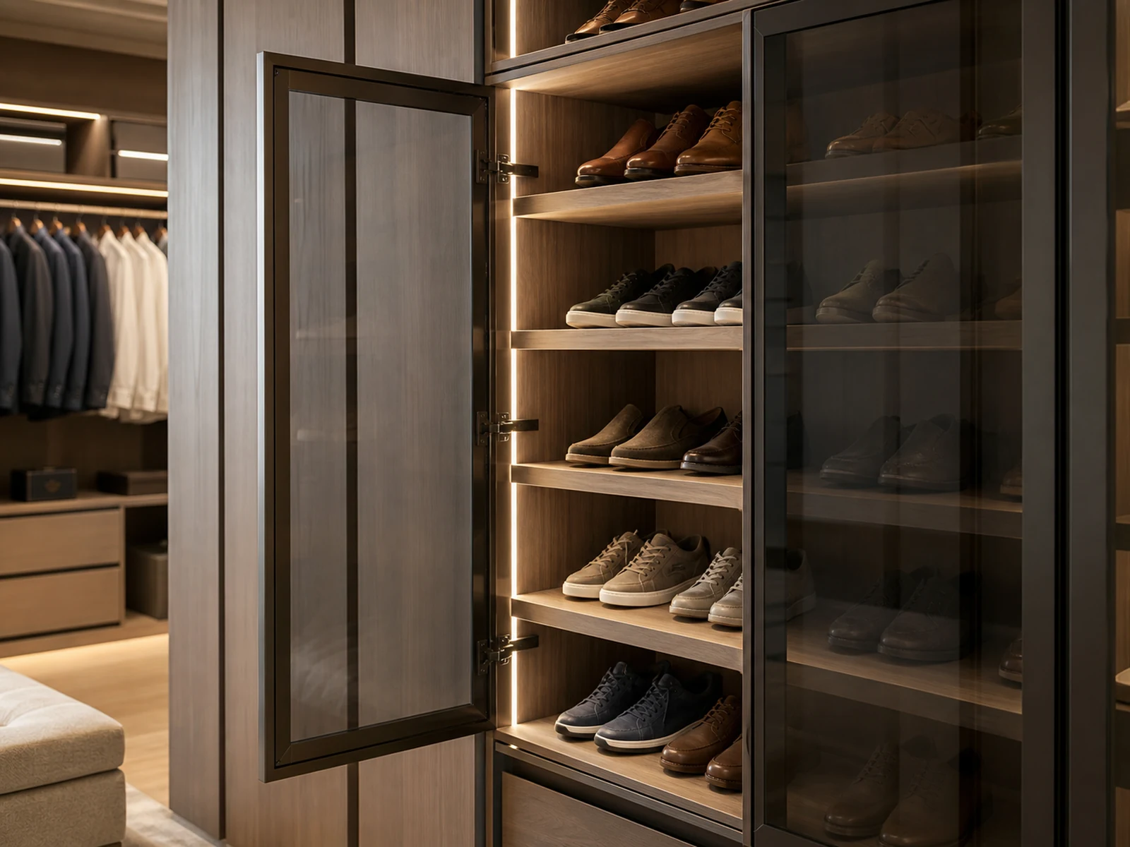 Framed glass shoe wardrobe cabinet with integrated lighting and one section open for access.