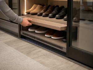 Avant de choisir des portes vitrées, planifiez comment le mur à chaussures du dressing s&rsquo;ouvrira