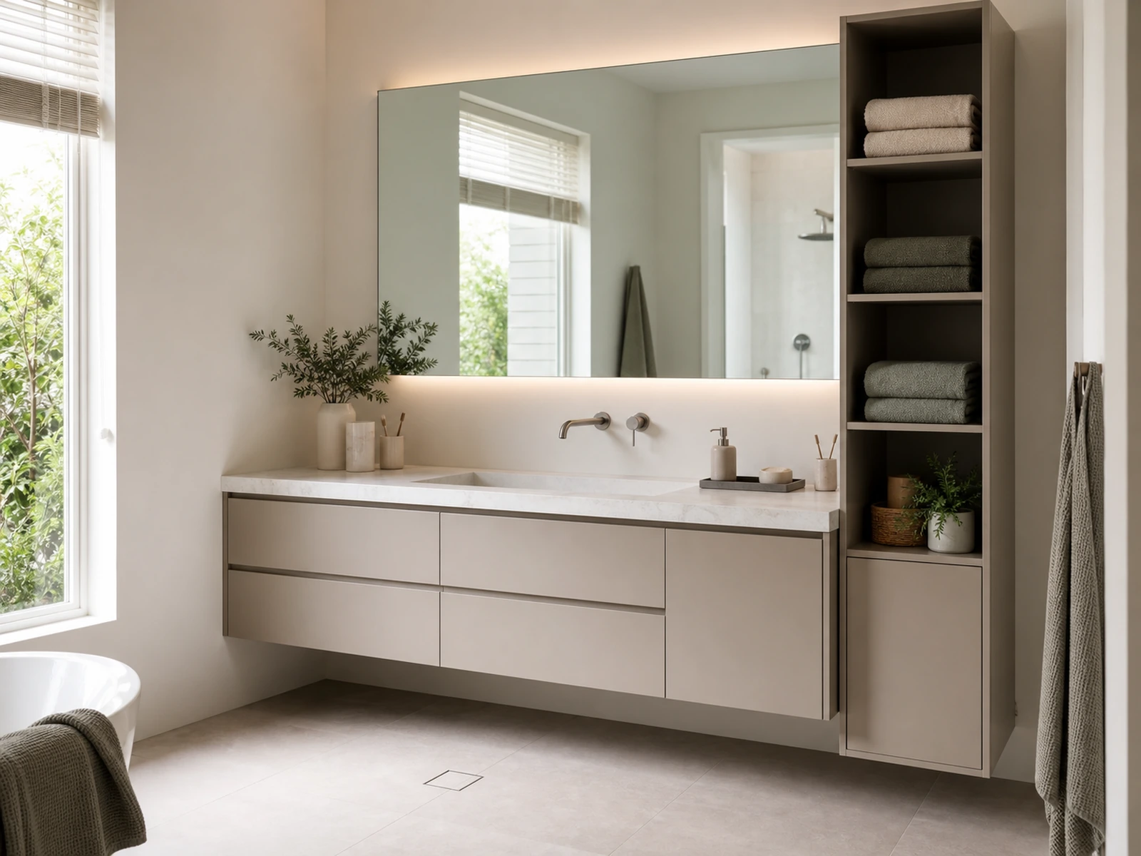 Wall-mounted bathroom vanity with side storage tower, mirror and organized sink storage.