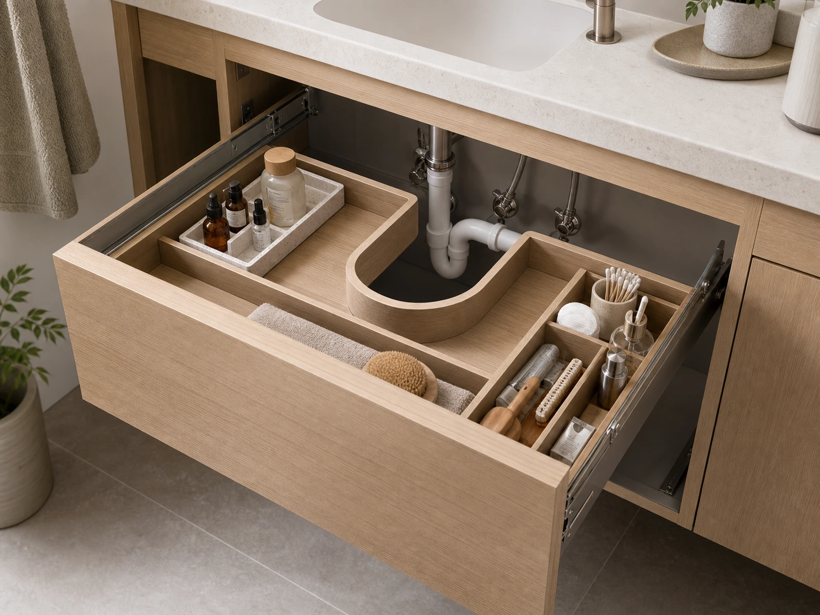 Bathroom vanity drawer layout with plumbing clearance and organized small toiletries.