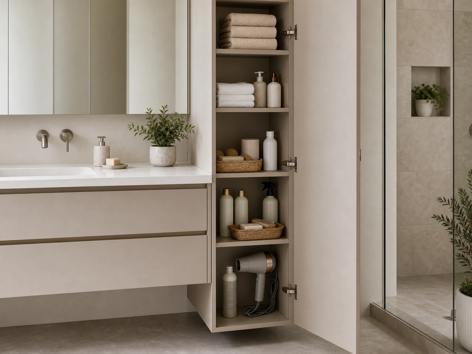 Side storage tower beside a floating bathroom vanity with towels and tall bottles.