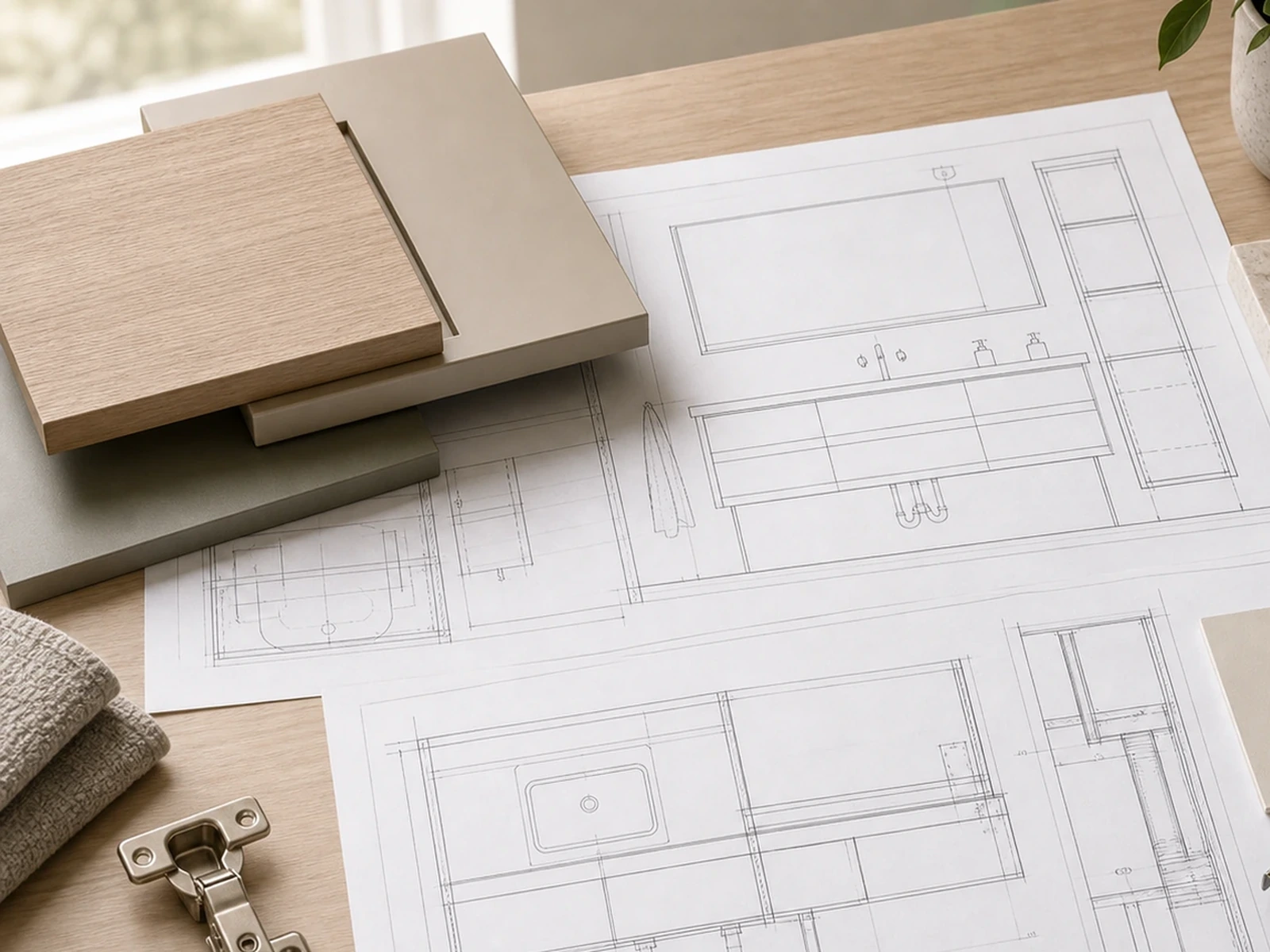 Bathroom vanity shop drawings, finish samples, hardware and tile sample reviewed together.