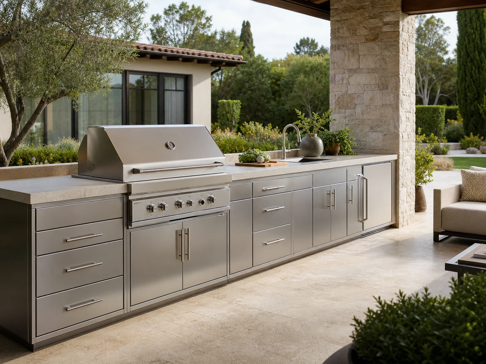 Covered patio with a modular stainless steel outdoor BBQ cabinet, grill, sink and prep counter.