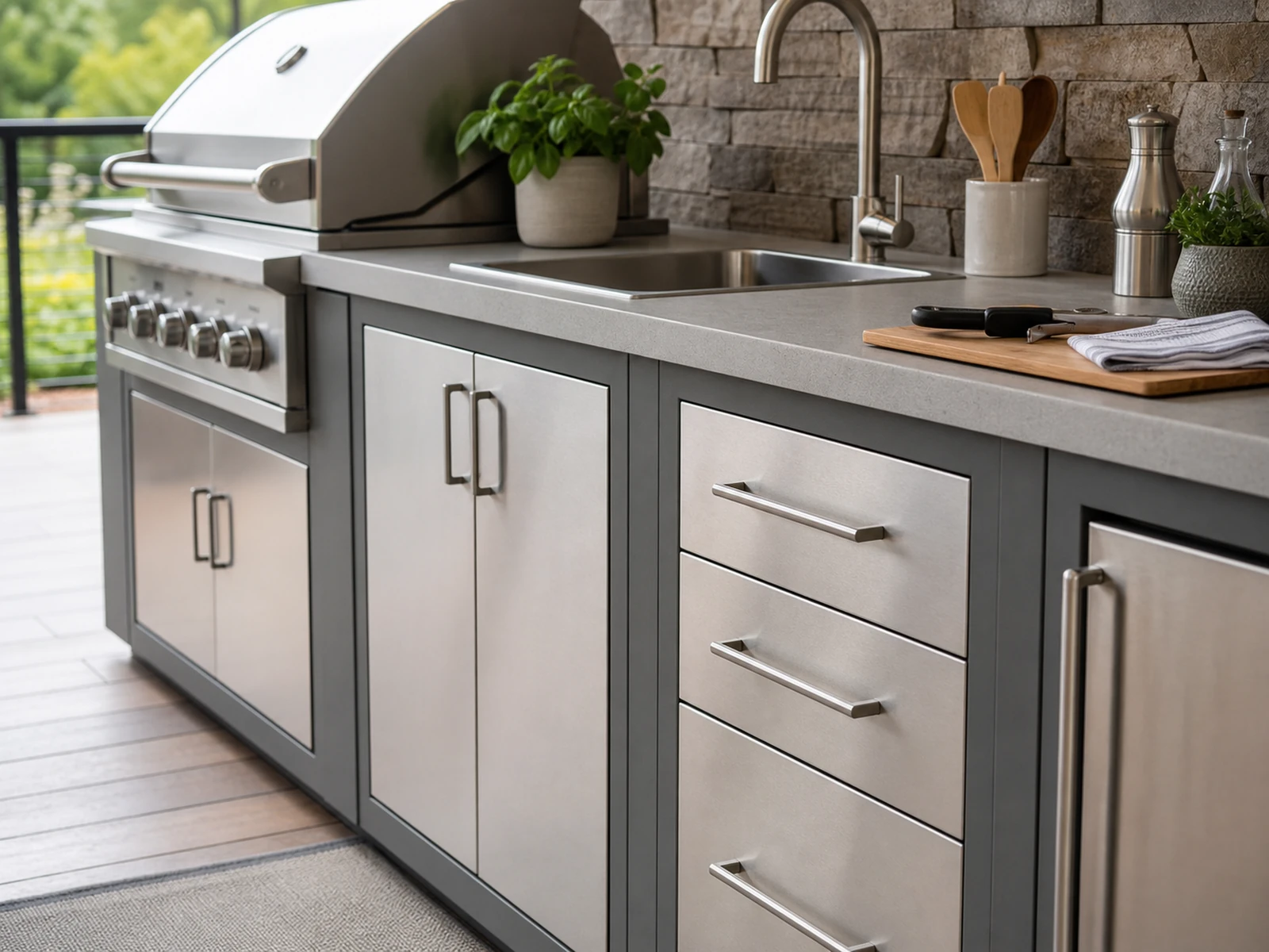 Outdoor BBQ cabinet modules with grill bay, sink cabinet, stainless steel drawers and countertop landing space.
