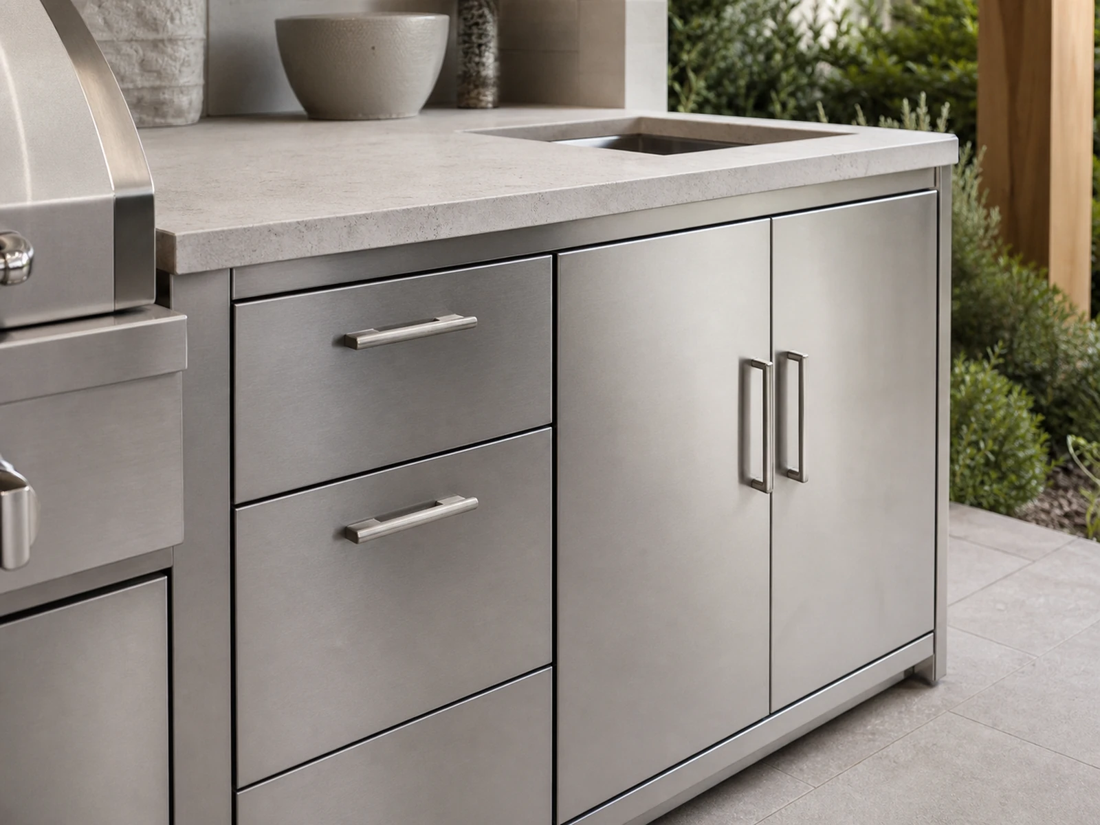 Stainless steel outdoor BBQ cabinet body with outdoor-rated countertop and aligned drawer fronts.