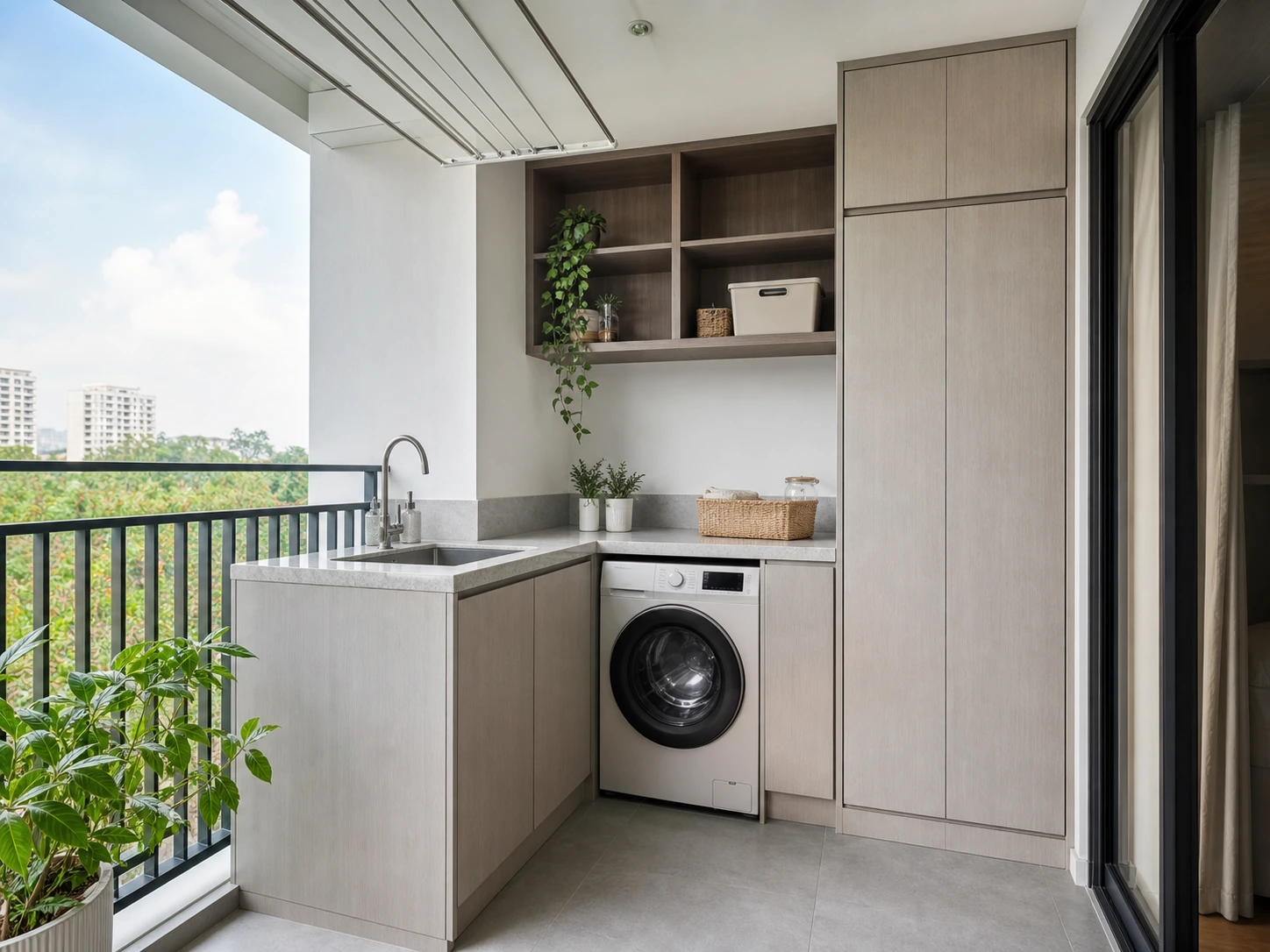 L-shaped balcony laundry cabinet with sink, washer space and tall utility storage in a bright apartment balcony.