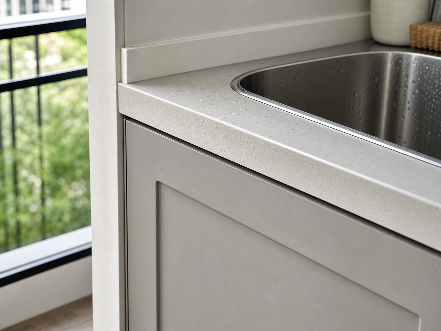 Close view of a laundry sink countertop edge and cabinet door in the splash area.