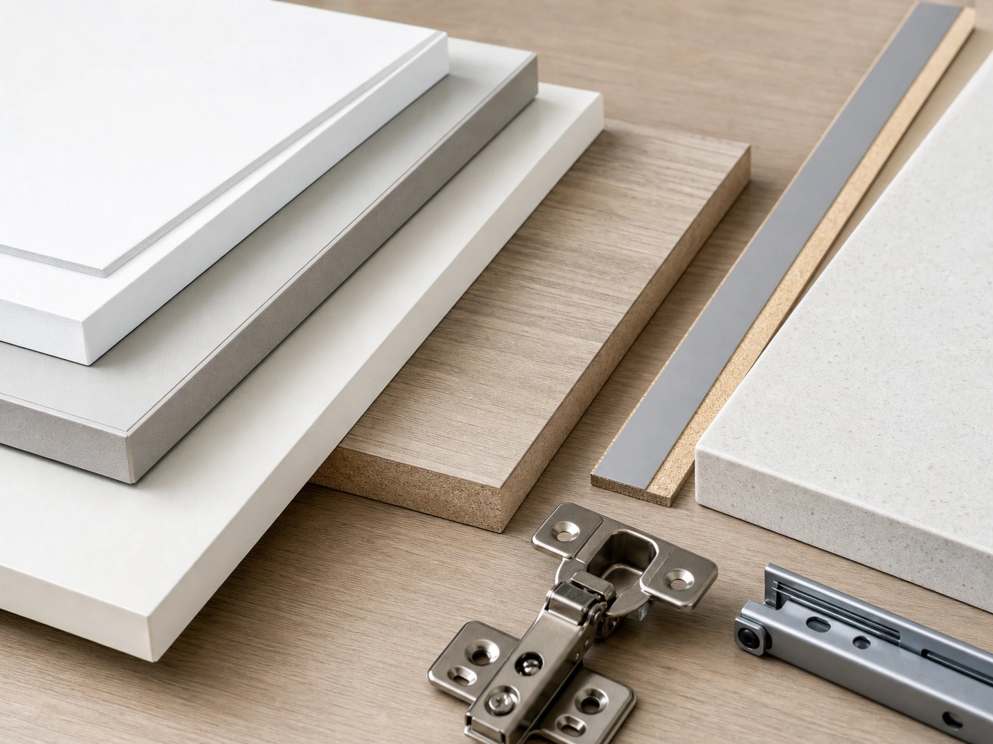 Cabinet panel edge, hinge and countertop material samples for a balcony laundry sink cabinet.