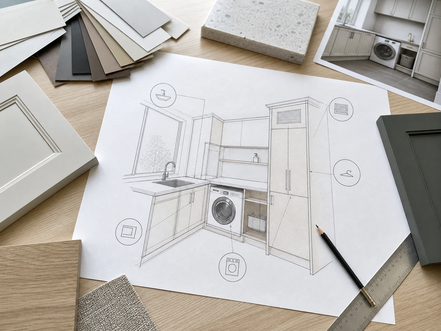 Planning drawing showing sink, washer, under-sink access and tall utility storage zones for an L-shaped balcony laundry cabinet.