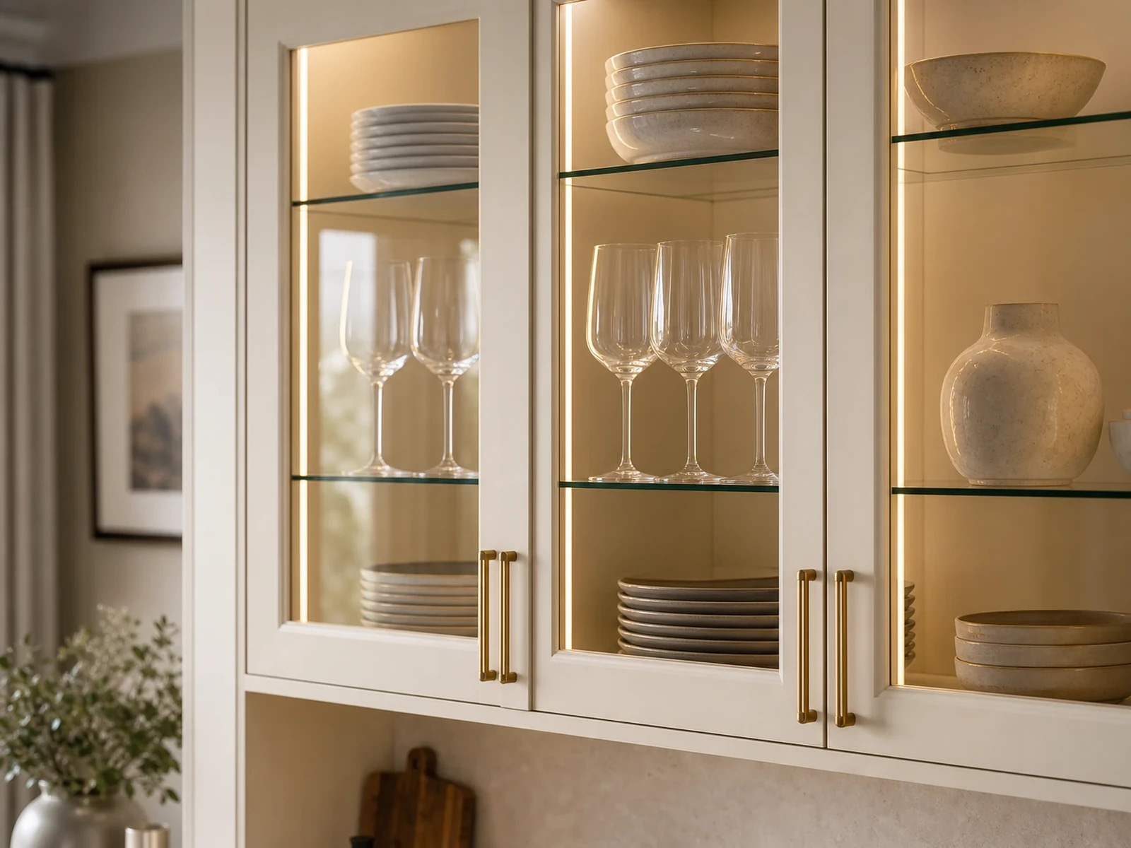 Glass display doors with selected plates, wine glasses, shelf spacing and warm cabinet lighting.