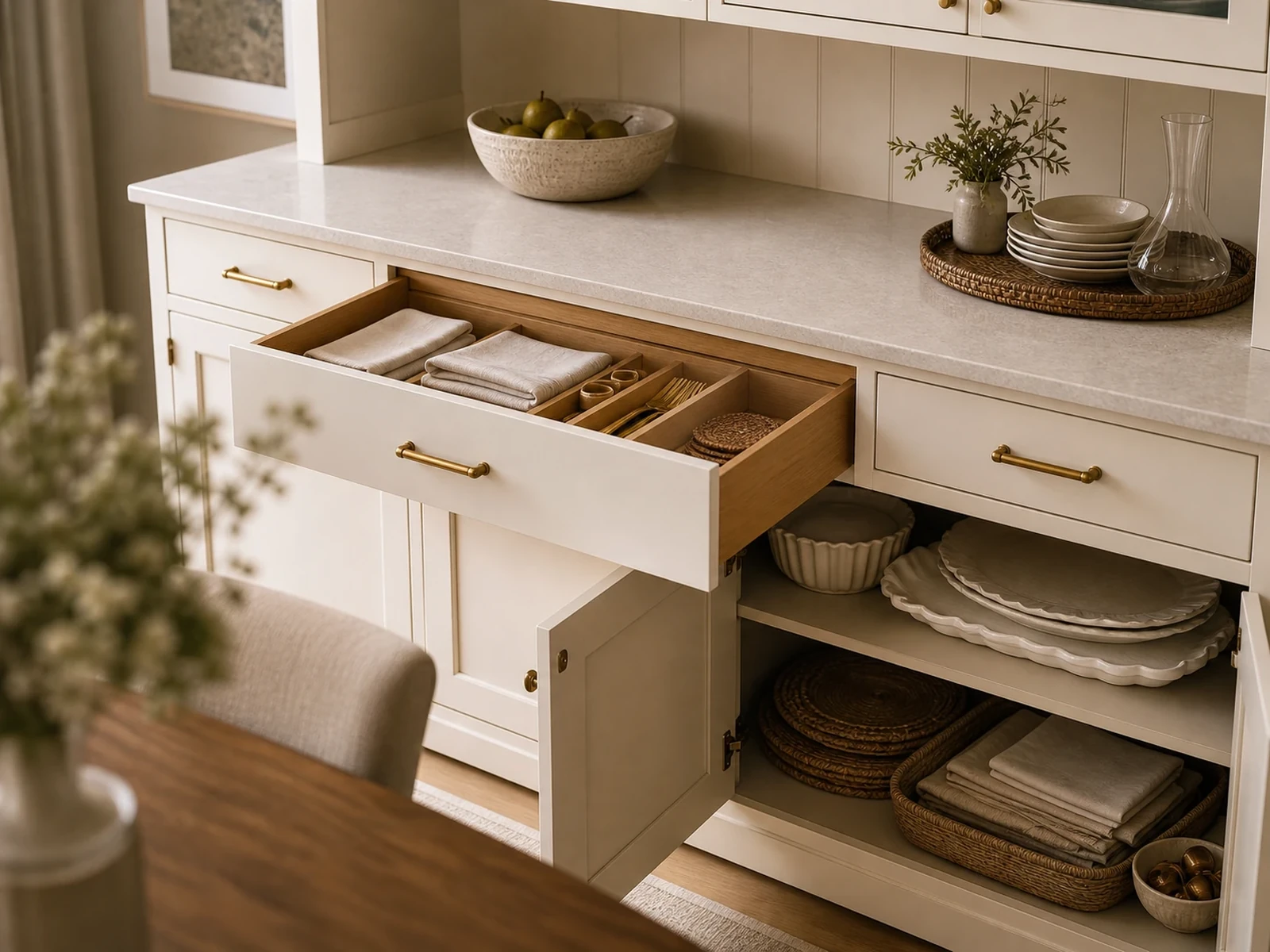 Closed base cabinet and dining drawers organized with linens, serving platters and small table accessories.