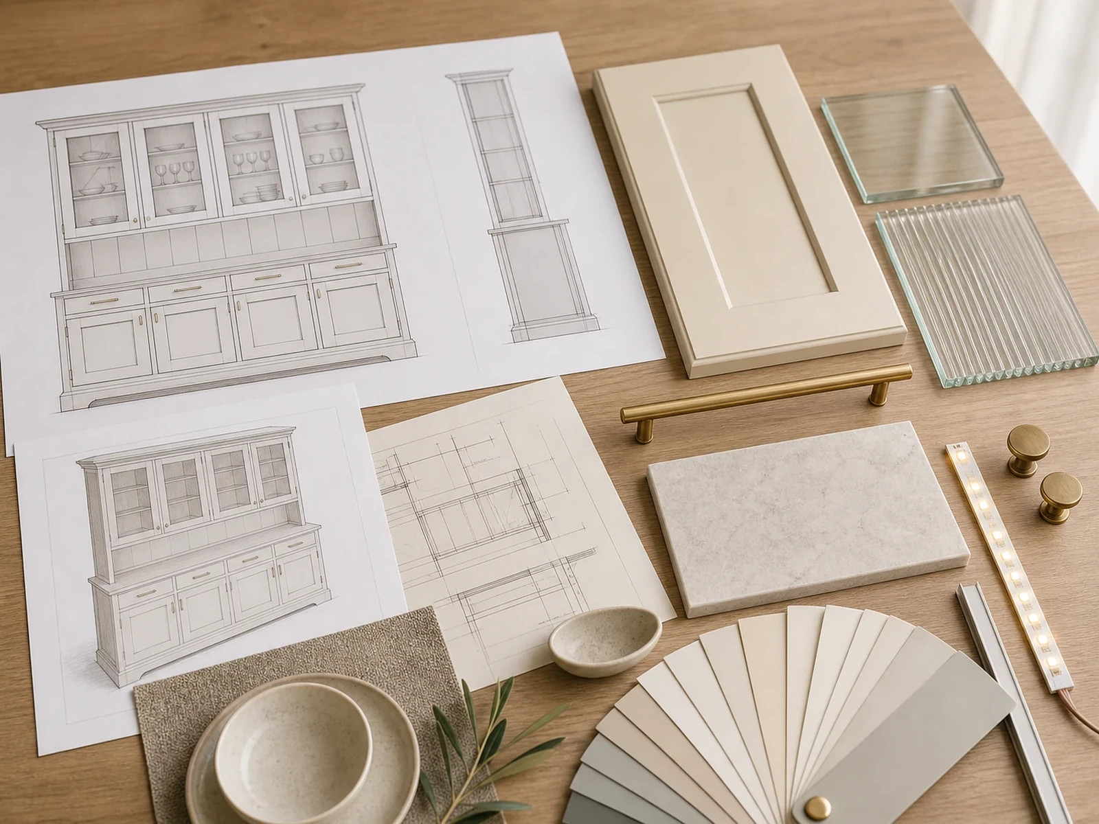 Sideboard hutch drawings with cream finish samples, glass samples, handle finish and lighting detail.